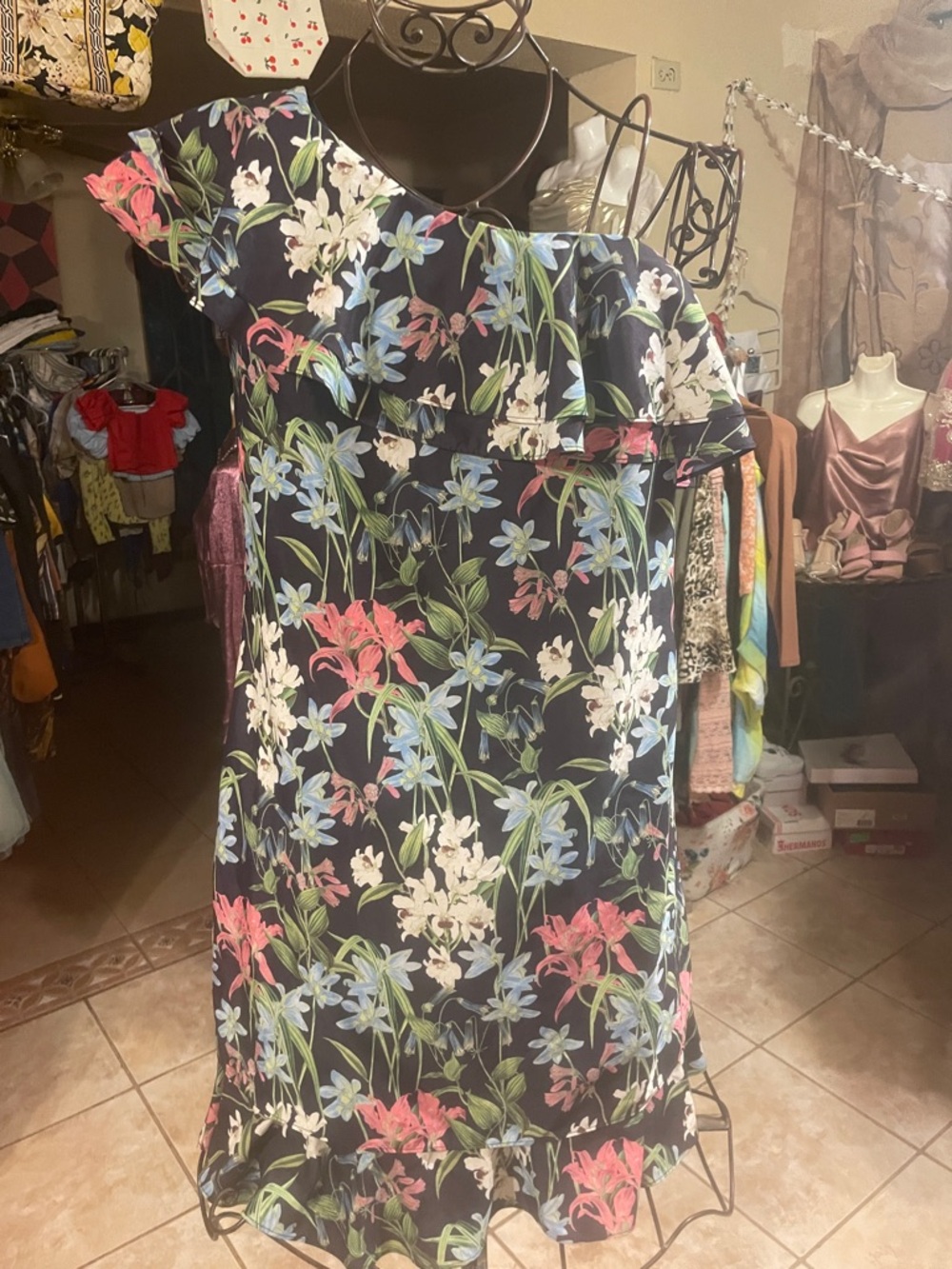 Chelsea28 One-Shoulder Floral Midi Dress in Navy with Pink, White & Blue Blooms